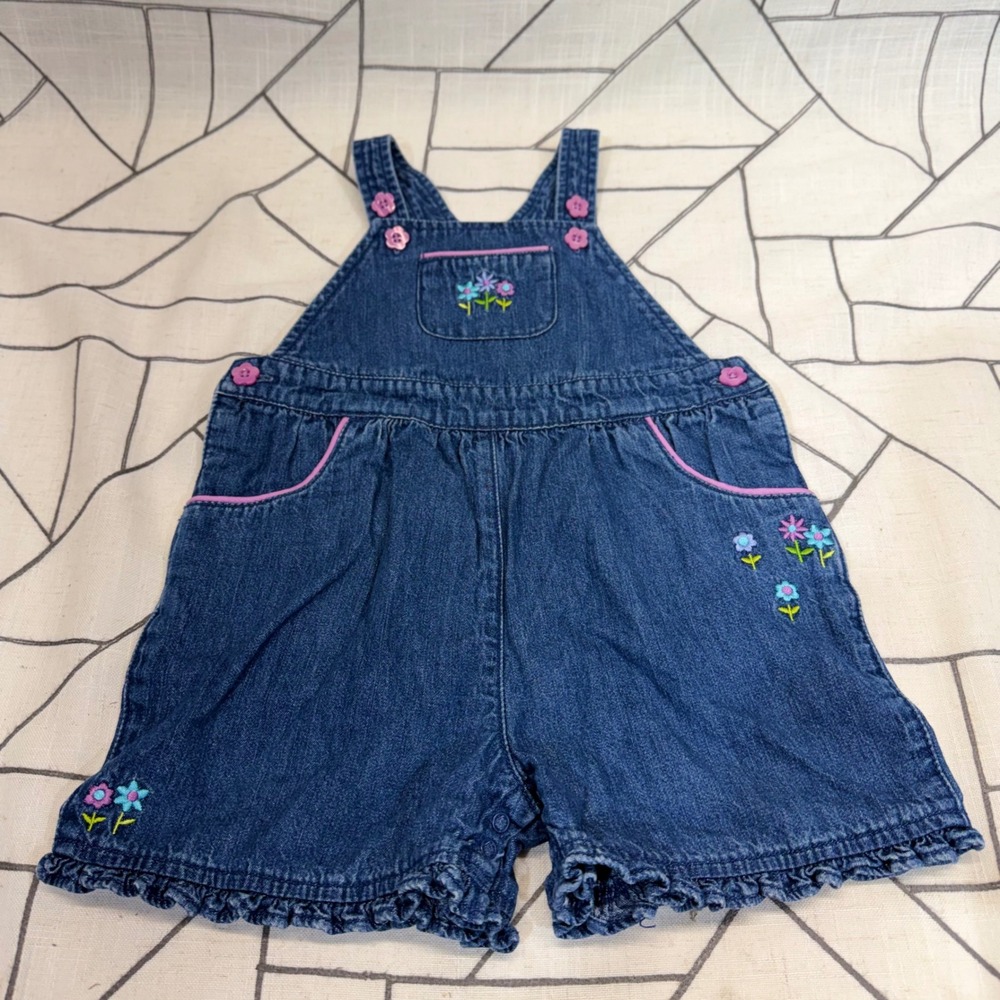 Gymboree Denim Shortalls 18-24M Blue Floral Embroidered Ruffle Vintage 2000
